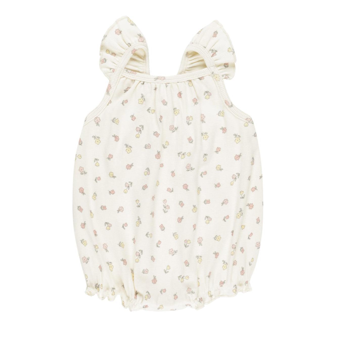 Quincy Mae Organic Cotton Ribbed Ruffle Romper for Baby Girls | Fleur Print One-Piece Outfit | Soft & Comfortable for Playtime, Outings & Photo Shoots