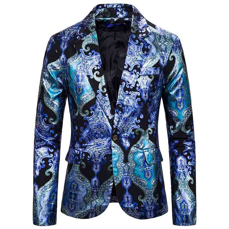 Men's Slim Fit Casual Printed Floral Blazer Jacket - Stylish Blue Party Coat for Weddings, Dates & Office Wear