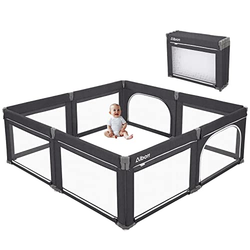 Albott 74x74 Inch Foldable Baby Playpen - Portable Play Yard for Babies & Toddlers, Safe Indoor/Outdoor Play Area, Dark Grey - Perfect for Home, Daycare, and Travel Use
