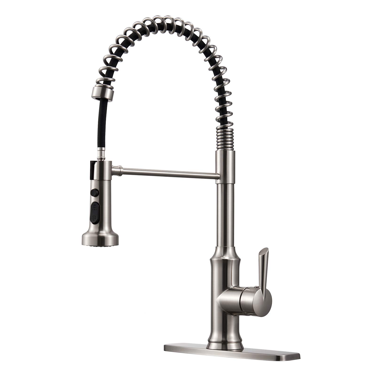 Commercial Single Handle Brushed Nickel Gooseneck Kitchen Faucet with Pull Down Sprayer, Stainless Steel Pull Out Sink Faucet by Wasserrhythm - Ideal for Modern Kitchens and Heavy-Duty Use
