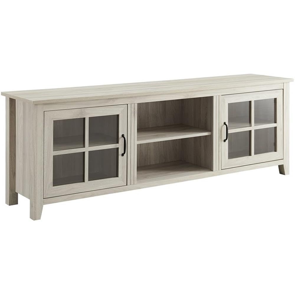 Pemberly Row 70 Inch Modern Glass Door TV Stand with Adjustable Shelves - Solid Birch Wood Media Console for Living Room, Bedroom & Home Theater