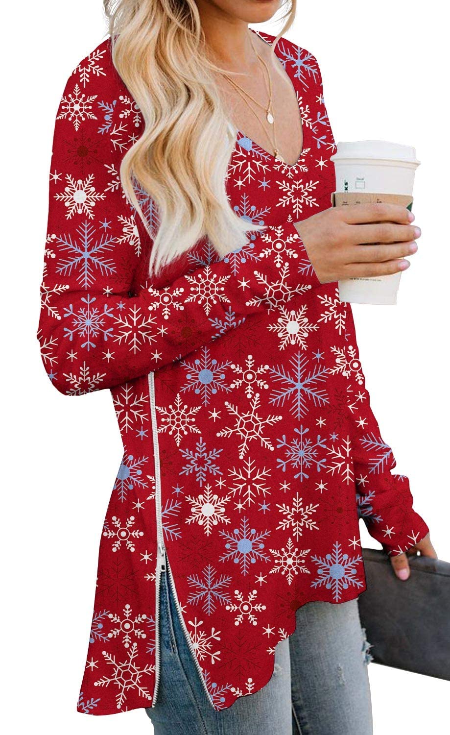 PrinStory Women's V-Neck Zipper Sweatshirt - Casual Long Sleeve Blouse for Daily Wear