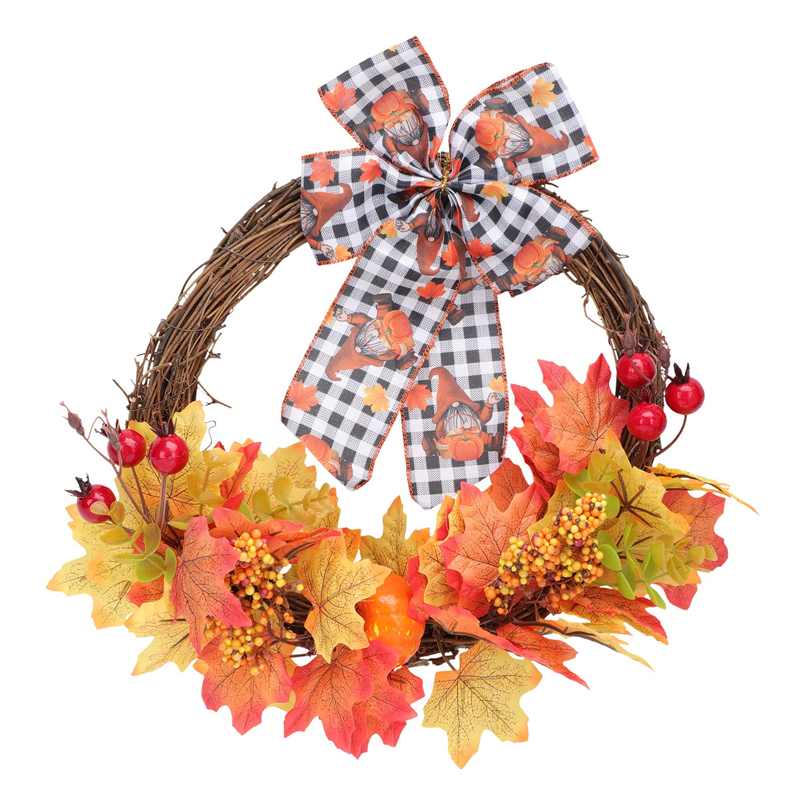 PRETYZOOM Artificial Maple Leaf Pumpkin Wreath - Rattan Berry Fall Door Decor for Halloween & Thanksgiving | Perfect for Front Door, Fireplace Mantel & Seasonal Home Decoration