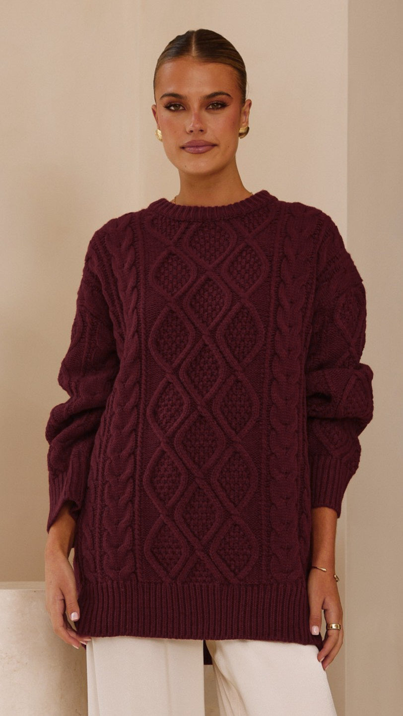 Luna Knit Sweater for Women - Soft Merlot Red Pullover | Cozy Winter Fashion & Casual Outfit Essential