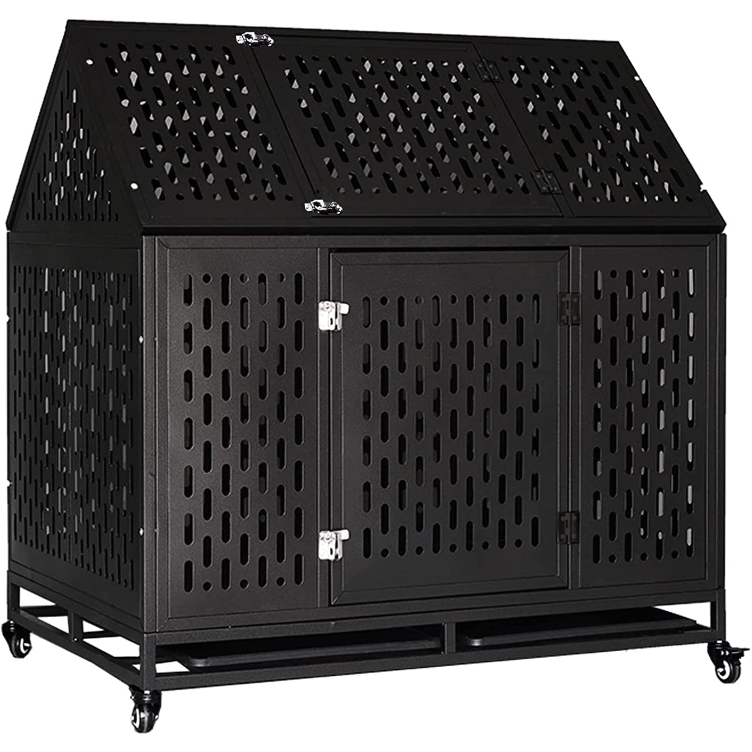 45'' Heavy Duty Indestructible Dog Crate - Escape Proof Large Dog Kennel with Lockable Wheels & Removable Tray - High Anxiety Double Door Pet Cage for XL Dogs - Perfect for Indoor Use, Travel & Training