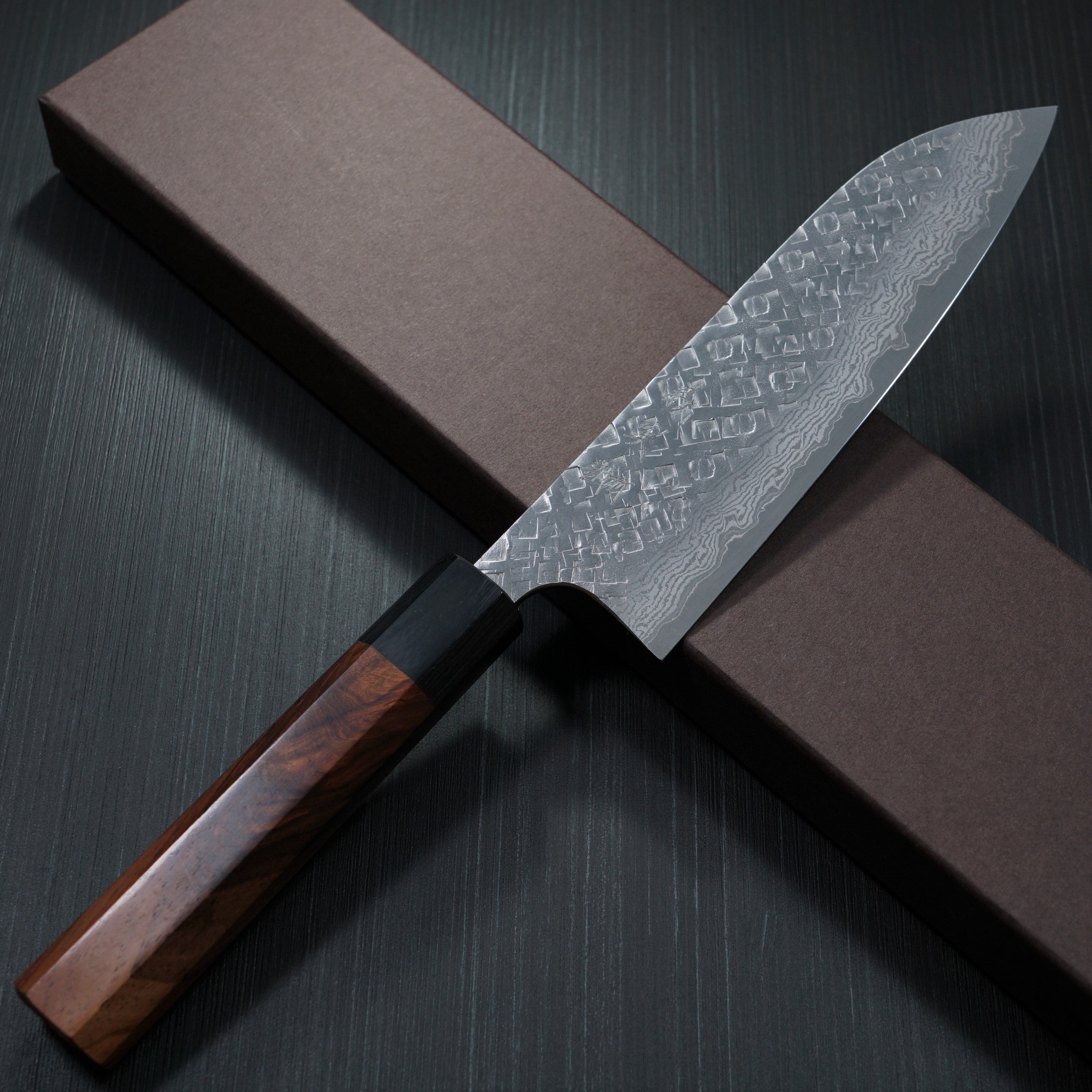 Yoshimi Kato VG10 Hammered Damascus Santoku Knife 7