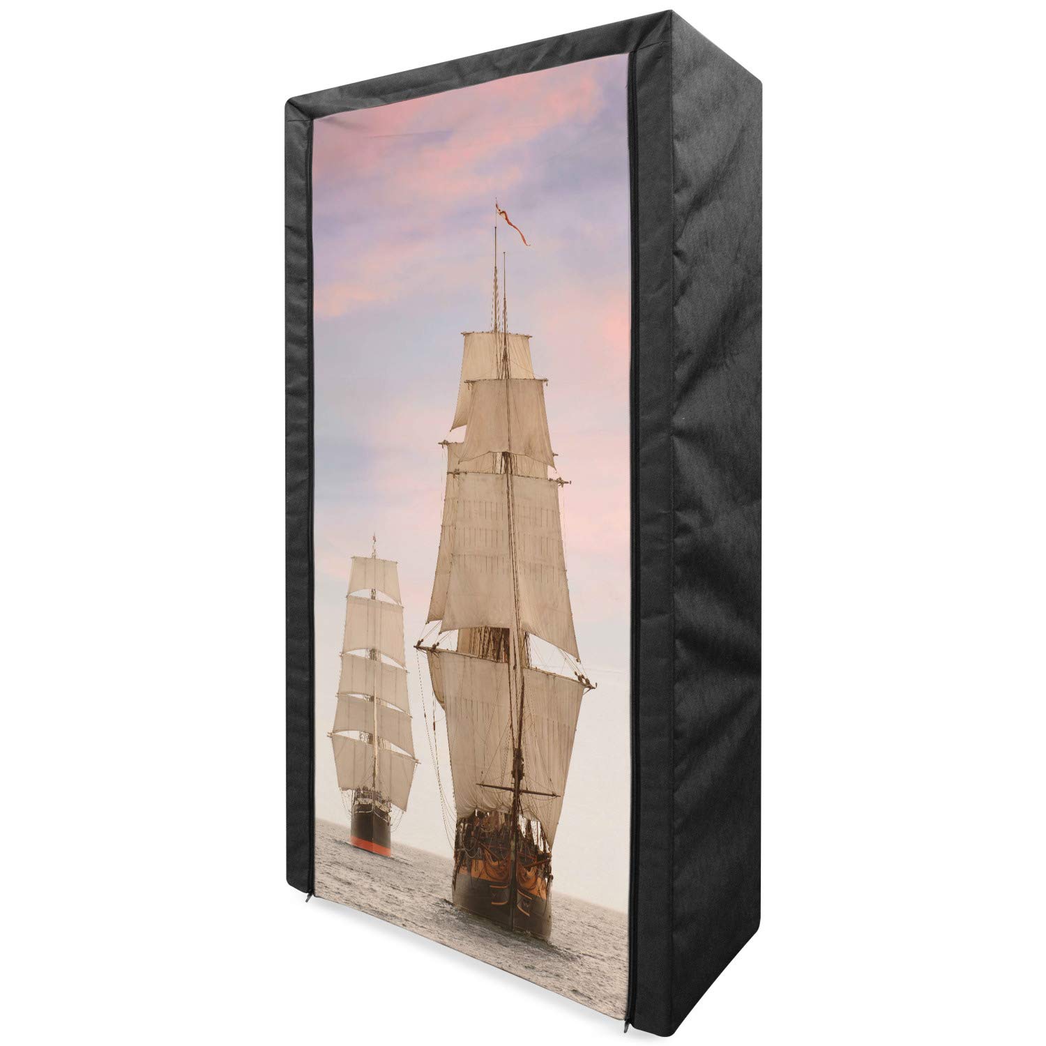 Ambesonne Ocean Themed Portable Fabric Wardrobe - Sailboat & Wooden Sailing Ships Waves Print Clothing Organizer with Shelves (33.5