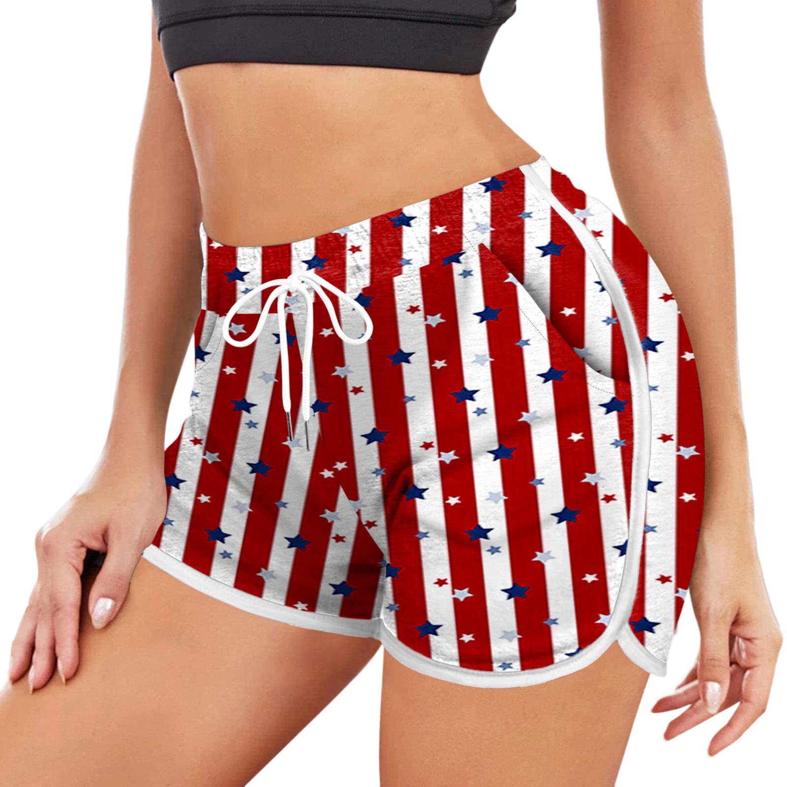 Women's High Waisted Yoga Shorts - Patriotic USA Flag Design for 4th of July, Cross Waist Workout & Running Athletic Shorts | Perfect for Yoga, Gym, Cycling & Summer Sports