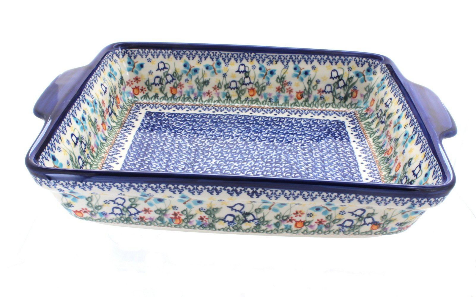 Handmade Blue Rose Polish Pottery Garden of Eden Baker with Handles - Perfect for Serving Bread, Pastries & Home Decor