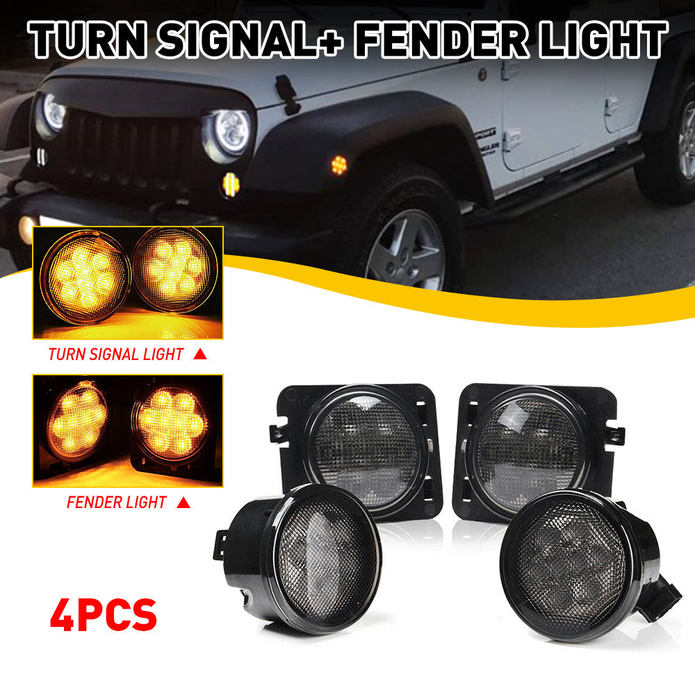 2007-2018 Jeep Wrangler JK Front Grille LED Turn Signal Lights & Side Marker Fender Lights - Amber/White - Not for 2018 JL Model - Upgrade Your Off-Road Vehicle Lighting for Better Visibility