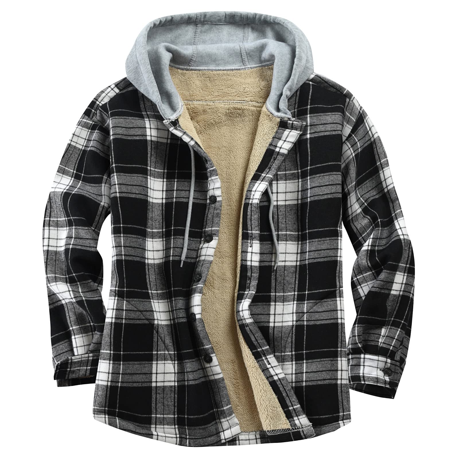 **Men's Fleece-Lined Plaid Flannel Shirt Jacket with Sherpa Hood - Warm Cotton Button Down Shirt for Outdoor & Casual Wear**    *Use Scenarios: Perfect for hiking, camping, winter layering, or everyday casual style.*