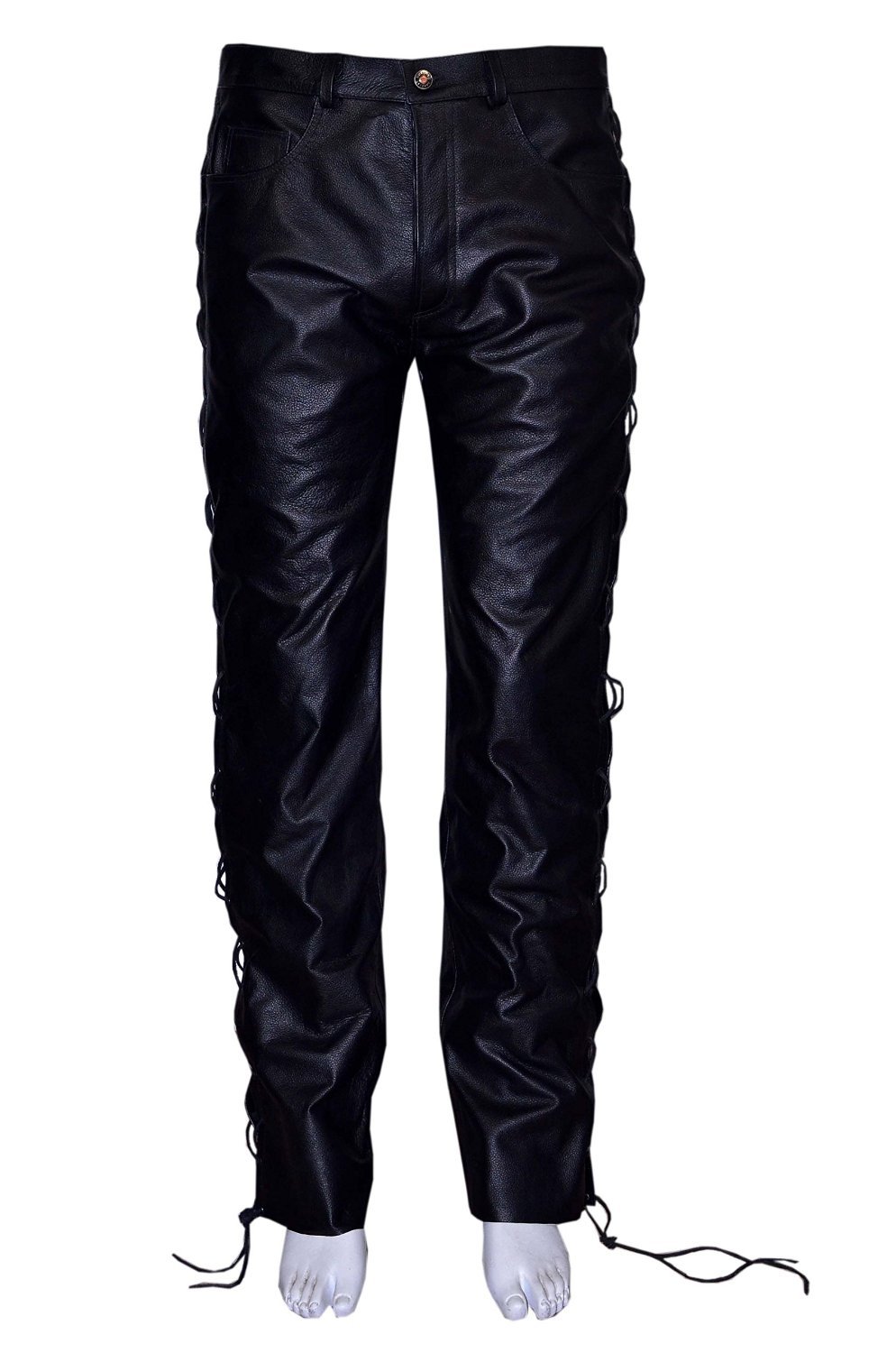 Men's Black Genuine Leather Motorcycle Biker Jeans - Classic 501 Fit for Riding & Casual Wear | Durable Real Hide Leather Pants for Harley Davidson & Cruiser Bikes