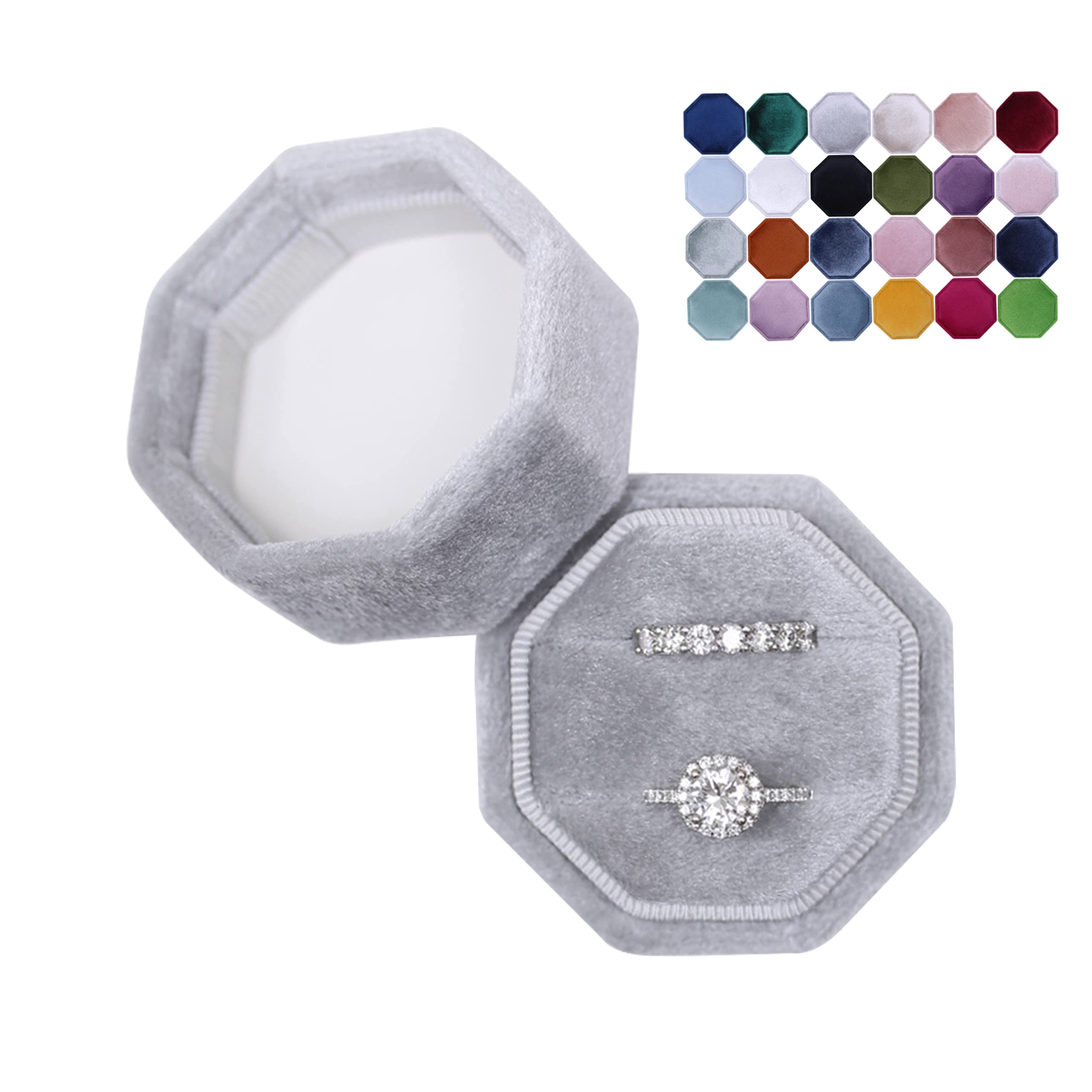 BLUTETE Velvet 2 Slots Jewelry Ring Box - Octagon Engagement Wedding Keepsake Box for Bridal Photos, Double Ring Holder (Grey) | Perfect for Proposals, Vow Renewals & Anniversary Gifts