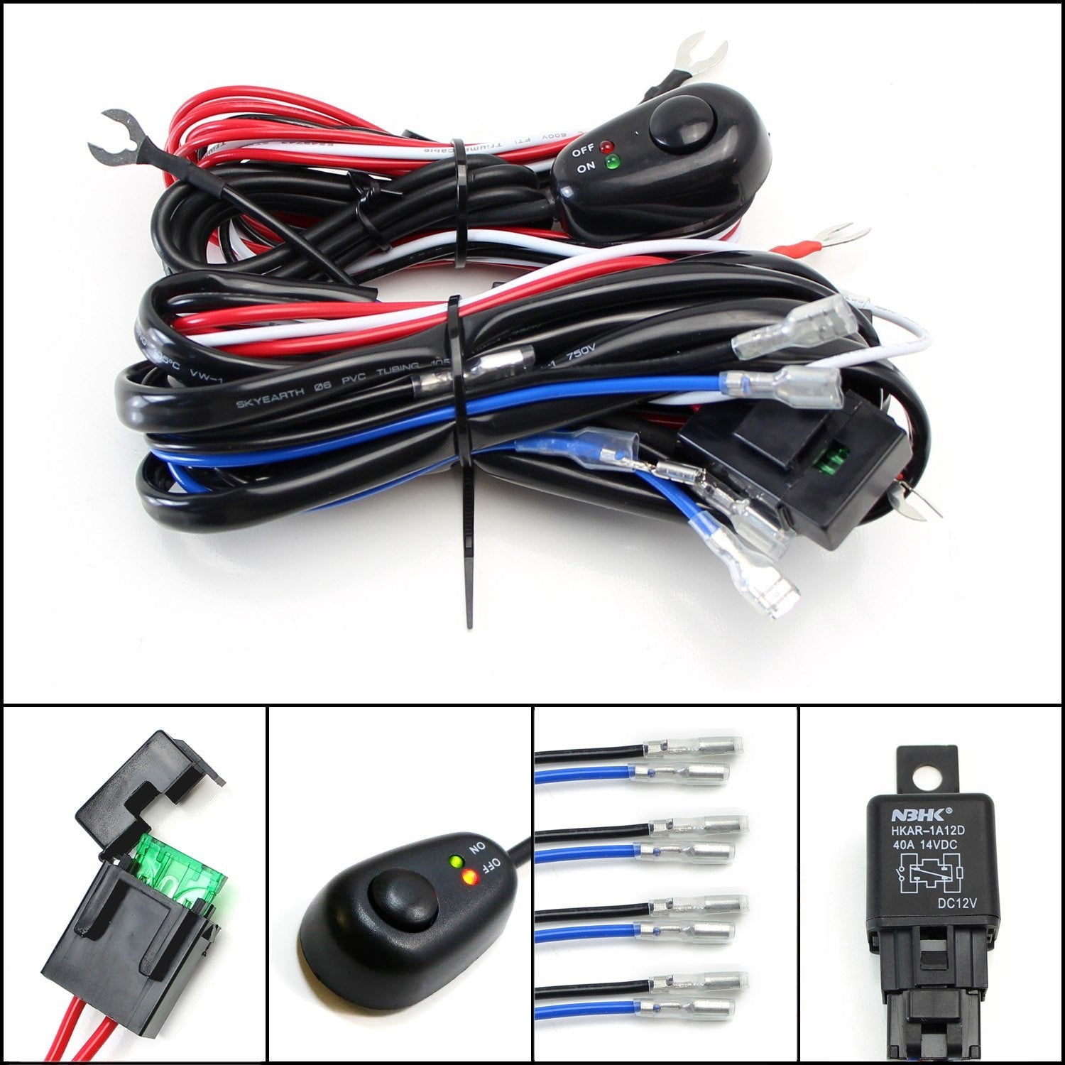 4 Output Relay Harness Wire Kit with LED ON/OFF Switch for Fog Lights & HID Work Lamps - Perfect for Off-Road Trucks, ATVs, and Marine Lighting Upgrades