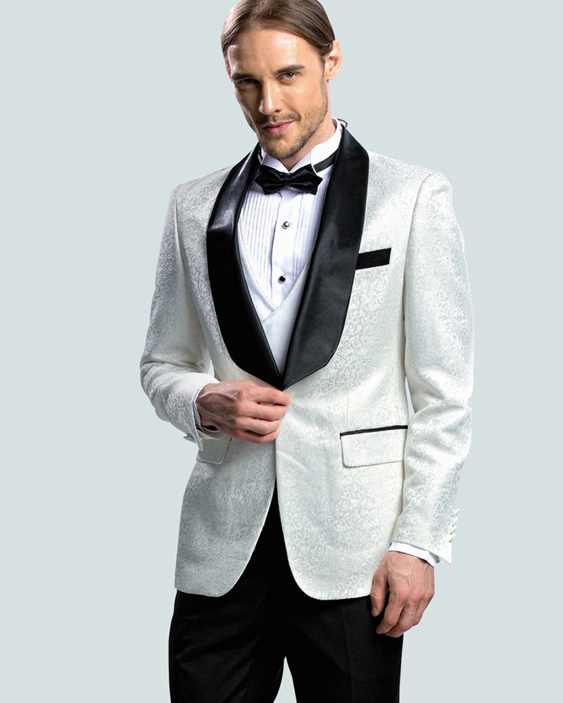 Elegant Shawl Lapel Slim Fit Jacquard Pattern White Tuxedo Suit for Men - 2 Piece Groom Wedding Suit CB10107 | Perfect for Weddings, Proms, and Formal Events