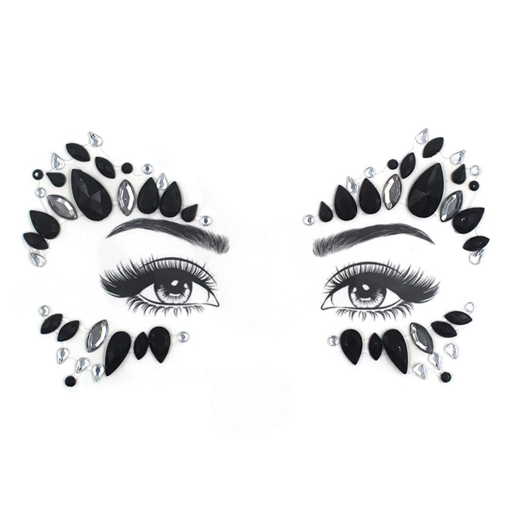 3D Black Face Gems & Rhinestone Stickers - Crystal Tattoo for Women | Disco Party Makeup, Festival Body Jewelry, Costume Accessories for Girls Night Out & Special Events