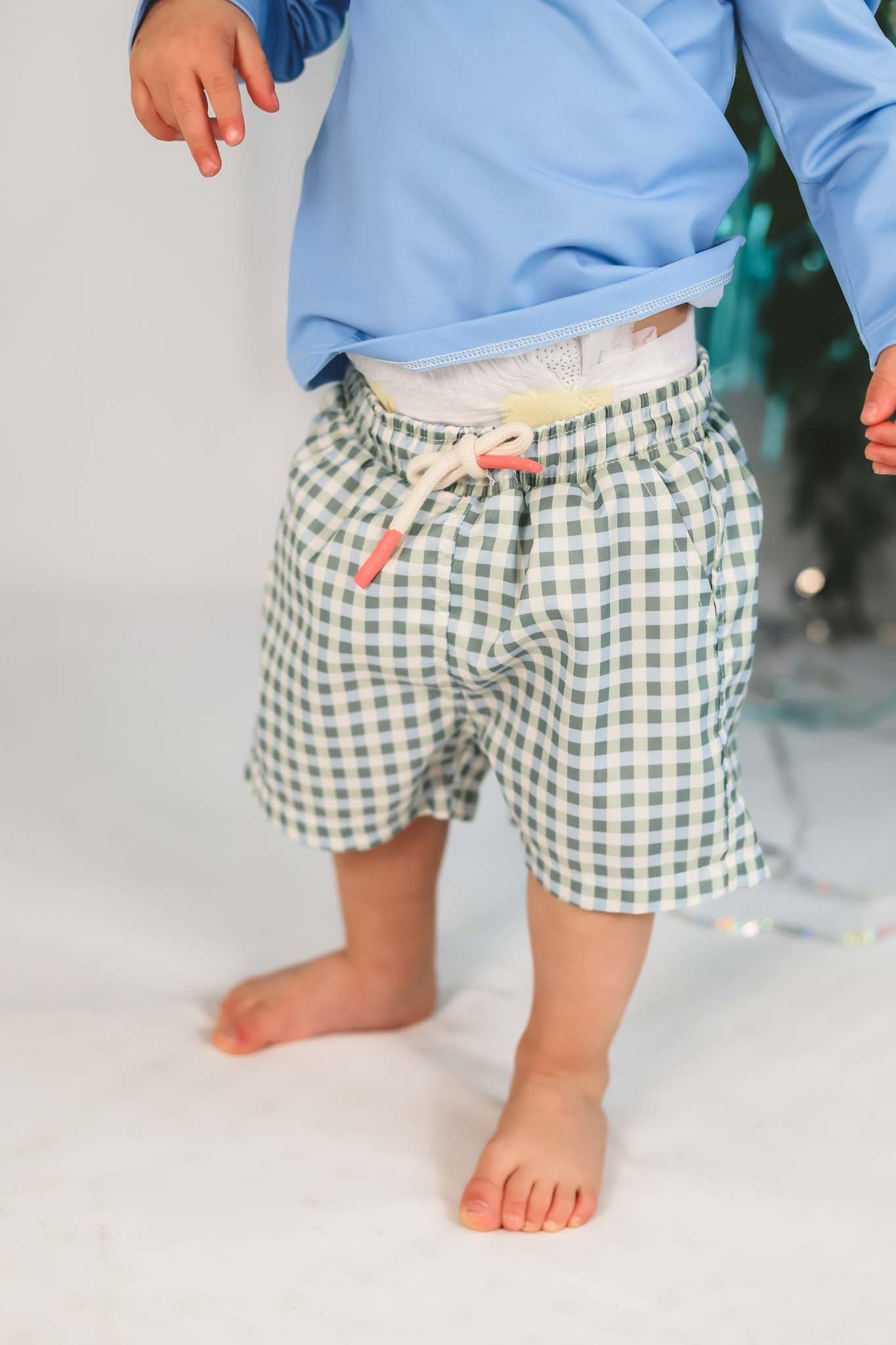 Faded Denim Gingham Swim Trunks for Baby Boys - Soft & Comfortable Beach Shorts for Toddler Swimming, Pool Party & Summer Vacation
