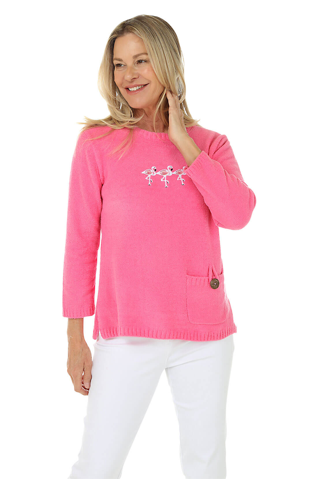 Soft Chenille Flamingo Sweater for Women - Cozy Knit Pullover with Floral Design - Perfect for Casual Wear, Fall Fashion & Holiday Outfits