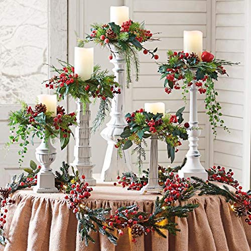 Winter Berries Greenery Candle Rings Set of 5 - Christmas Holiday Decor for Table Centerpieces, Fireplace Mantels & Festive Home Décor