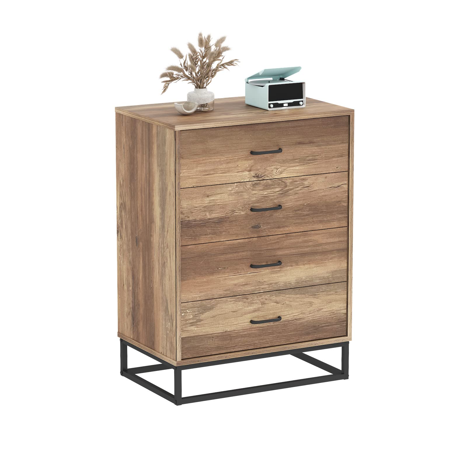 4-Drawer Wooden Dresser with Easy Pull Handles & Metal Frame - Sturdy Storage for Bedroom, Living Room, Hallway & Office - Perfect for Organizing Clothes, Linens, and Home Essentials