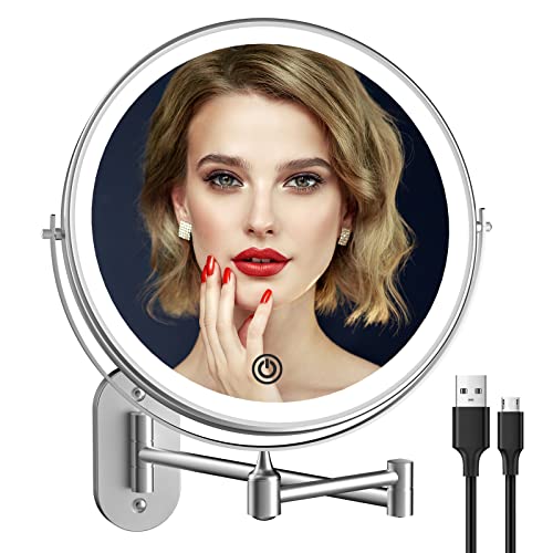 8 Inch Rechargeable LED Vanity Mirror with 3 Color Lights - Double Sided 1X/5X Magnification, 360° Swivel & Wall Mount - Perfect for Makeup, Shaving & Bathroom Use