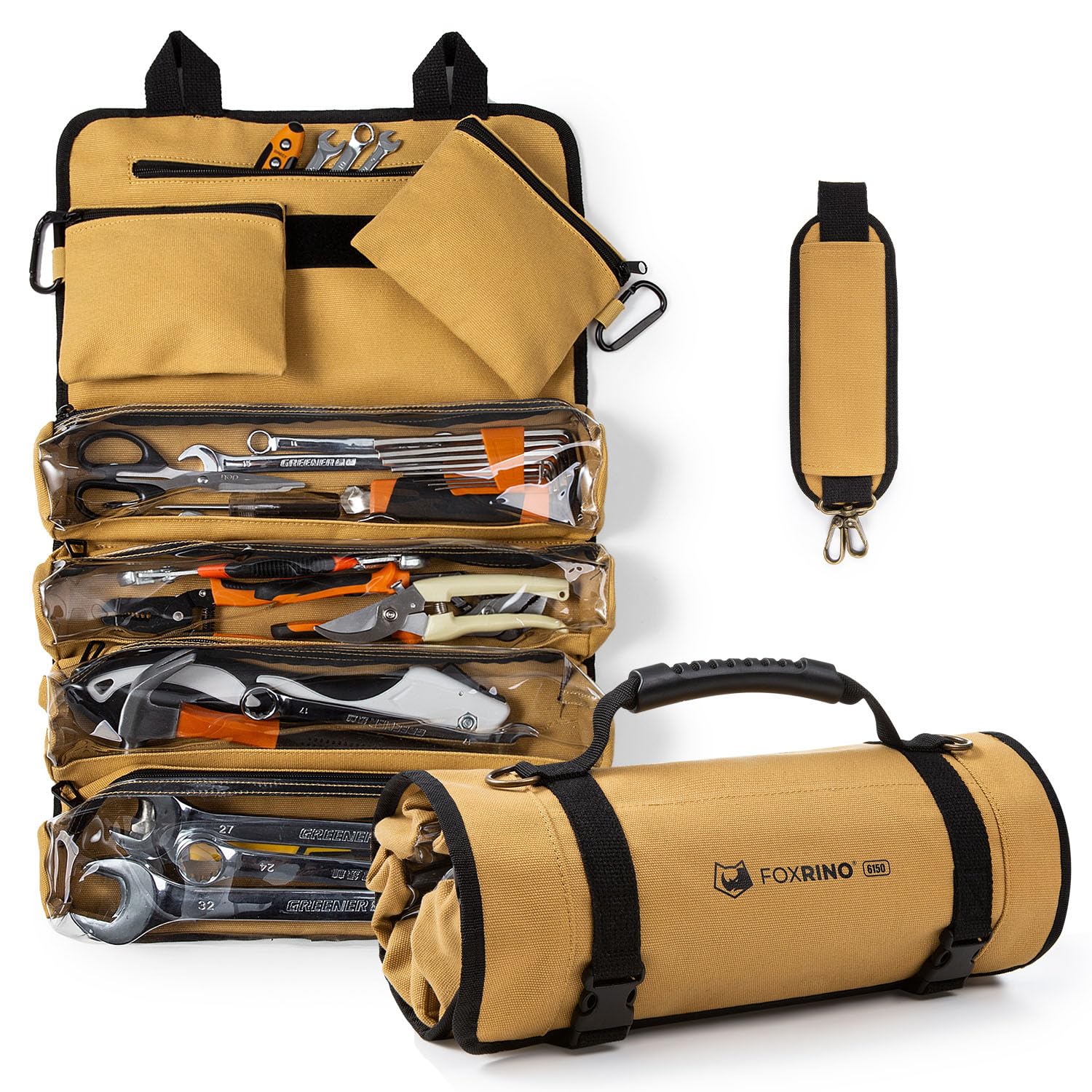 Heavy Duty 18oz Canvas Tool Roll Bag with 4 Clear Pockets & 2 Detachable Pouches - Professional Organizer for Mechanics, Electricians, DIY Enthusiasts - Perfect for Workshop, Garage, and On-the-Go Repairs