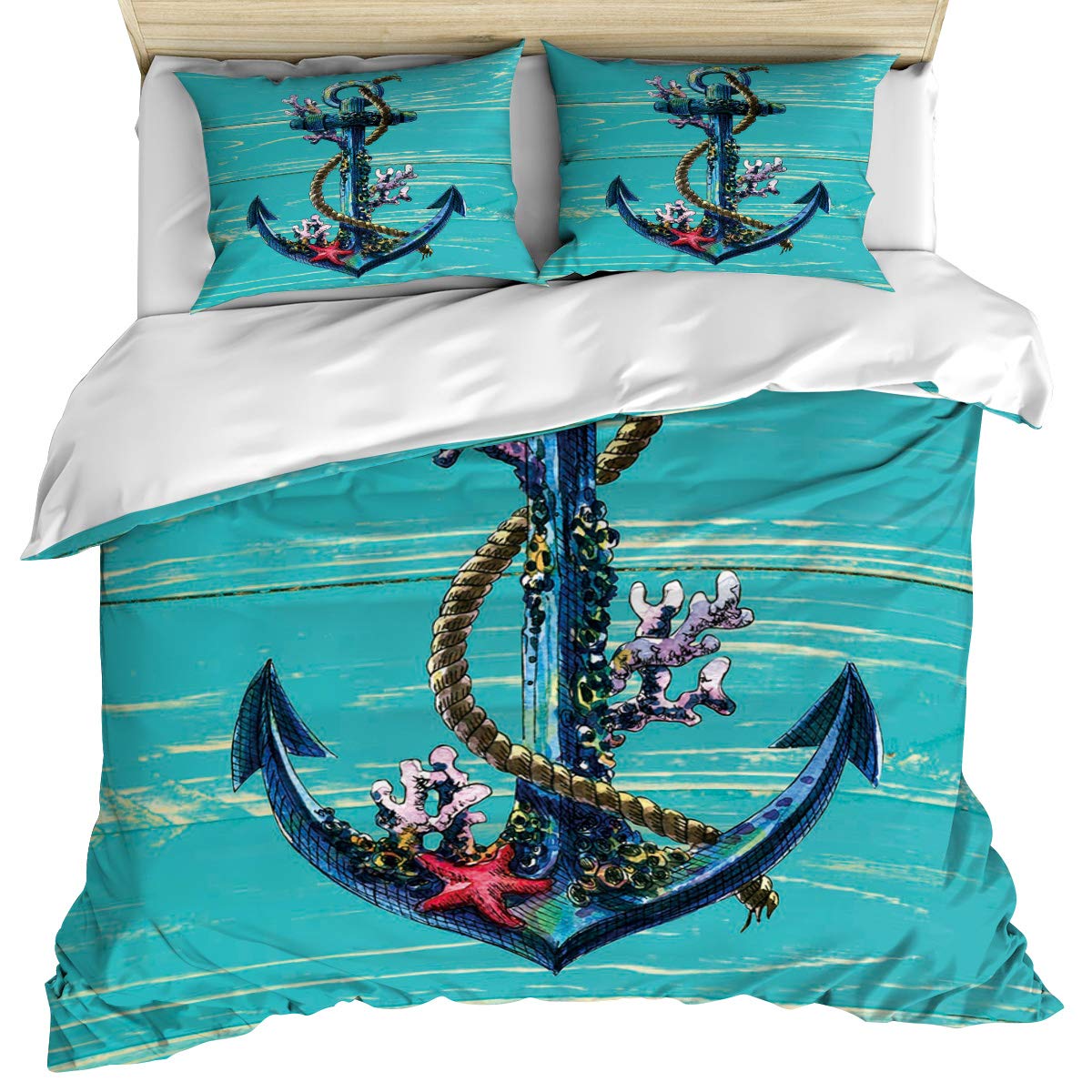 California King Duvet Cover Set 3 Piece - Teal Anchor Rustic Wood Design, Ocean Theme Reversible Microfiber Bedding for All Seasons | Includes Duvet Cover + 2 Pillowcases | Perfect for Coastal, Nautical or Farmhouse Bedroom Decor