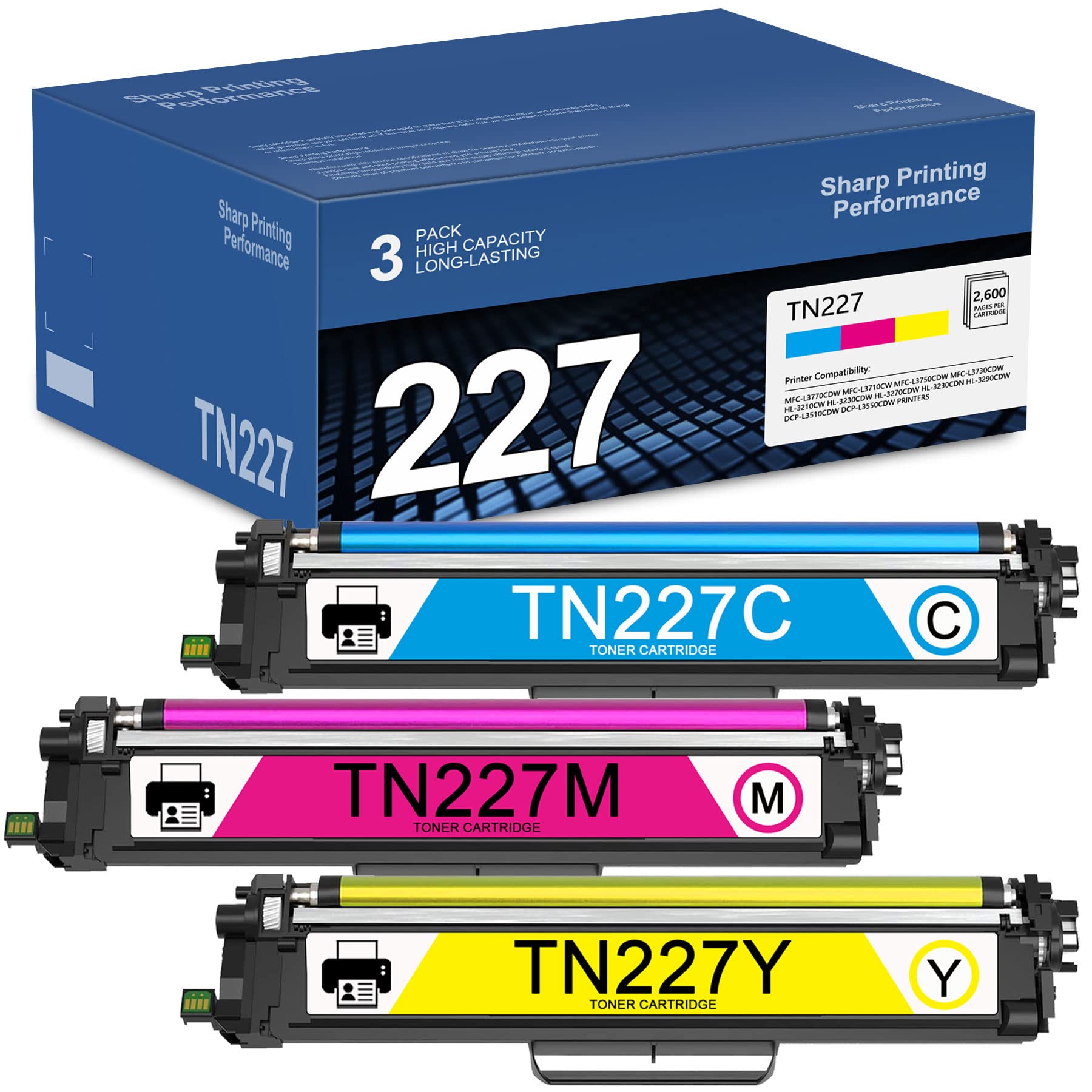 Brother TN227 Toner Cartridge 3-Pack (C+M+Y) for MFC-L3770CDW Printers - High Yield Replacement