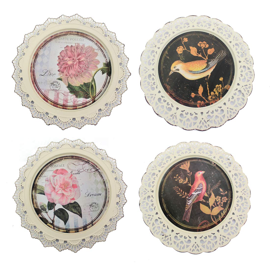 Teton Home Birds and Flowers Decorative Plates Set of 4 - White Ceramic Dinner Plates for Dining Room, Kitchen, or Wall Display (WD-087)