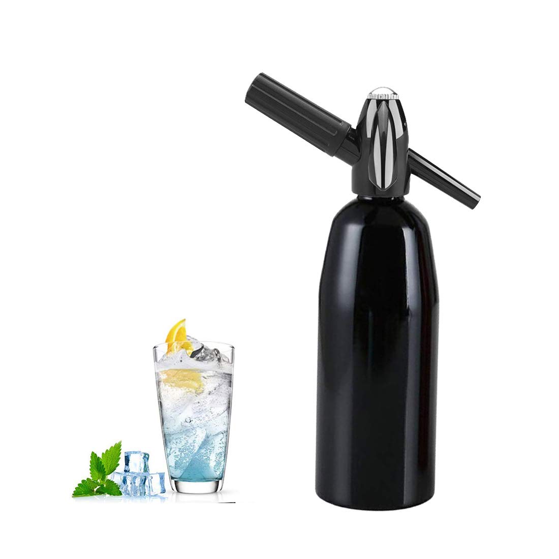 Premium Soda Siphon Maker - 1L Carbonated Water Maker for Sparkling Juice, Cocktails & Homemade Sodas | Create Fizzy Drinks for Parties, Bars & Home Mixology (Black)