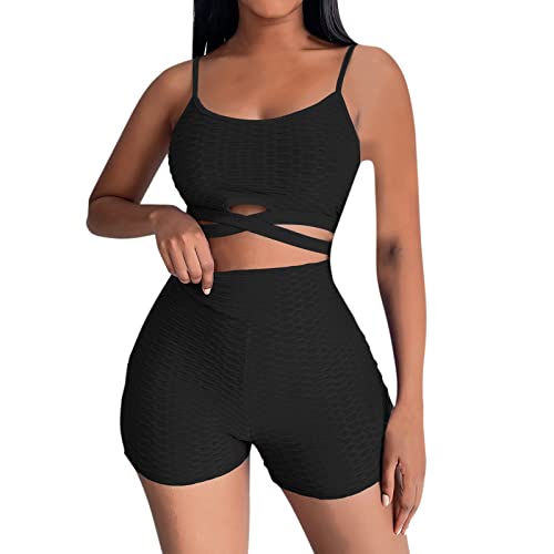 Exte216 Women's 2-Piece Workout Set - Criss Cross Strappy Yoga Crop Top & High Waisted Scrunch Shorts - Gym, Running, Pilates & Lounge Outfit