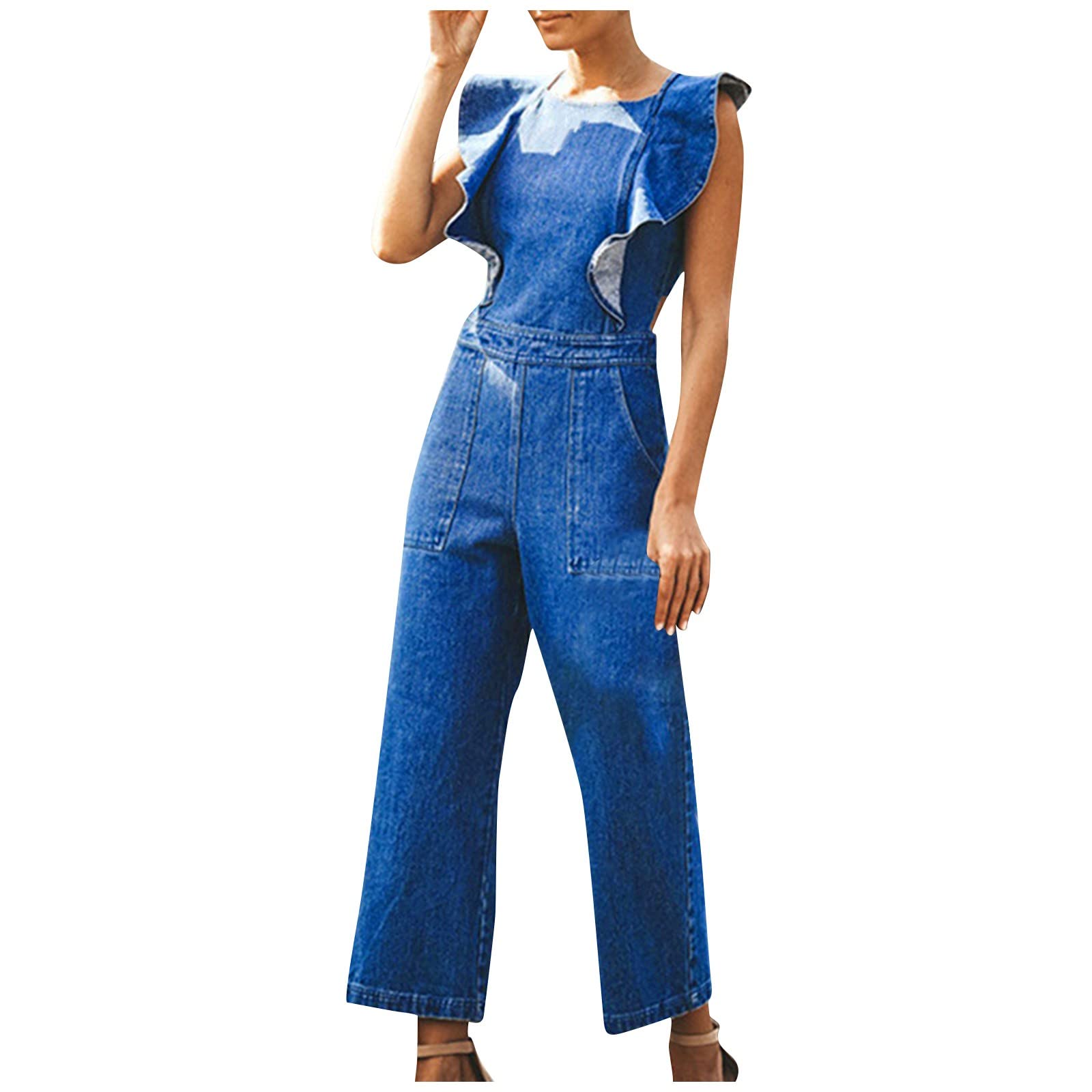 Women's Denim Jumpsuit - Sleeveless Summer Romper with Round Neck | Slim Fit Casual Outfit for Beach, Vacation & Outdoor Activities