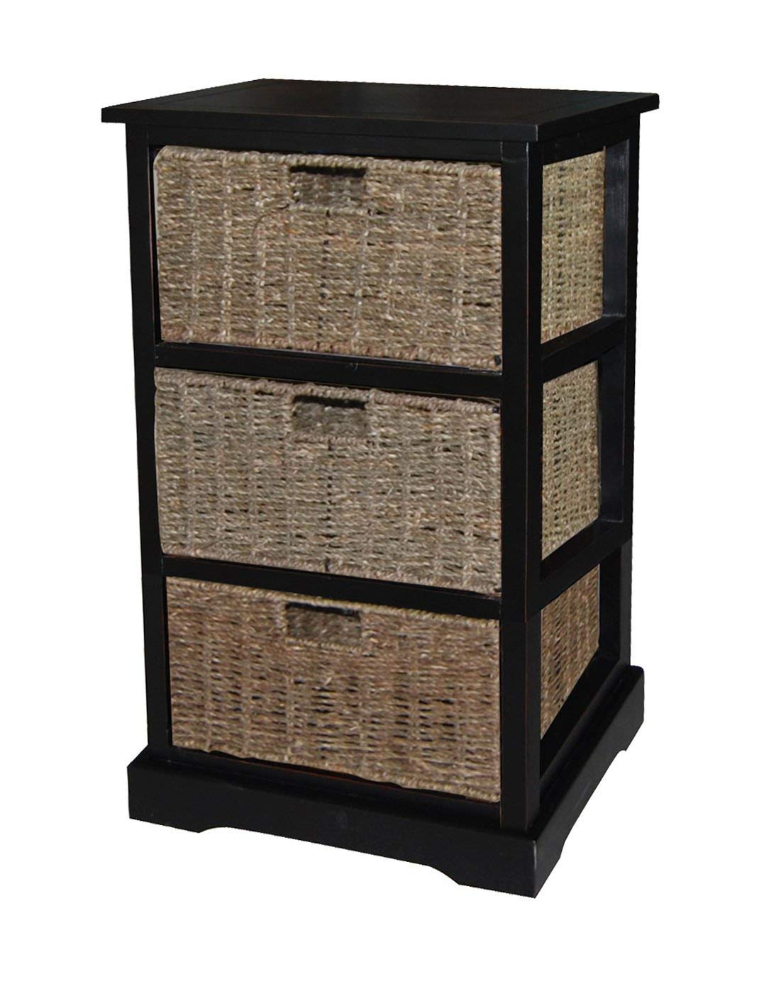 Urbanest 1000479 Accent Storage Cabinet with 3 Seagrass Basket Drawers - Antique Black Finish for Living Room, Bedroom & Entryway Organization