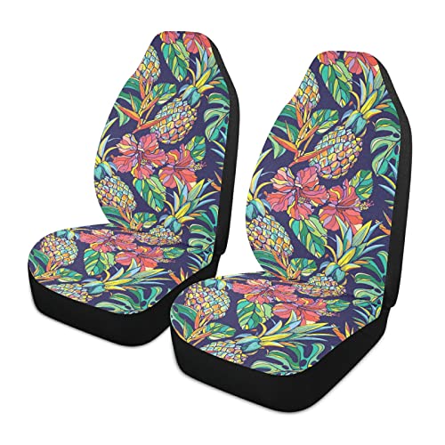 ALAZA Pineapple & Palm Leaf Car Seat Covers - 2-Piece Set for Front Seats | Universal Fit for Cars, SUVs, Trucks & Sedans | Includes Organizer Pocket | Tropical Style Seat Protectors for Men & Women | Perfect for Road Trips, Beach Outings & Summer Driving