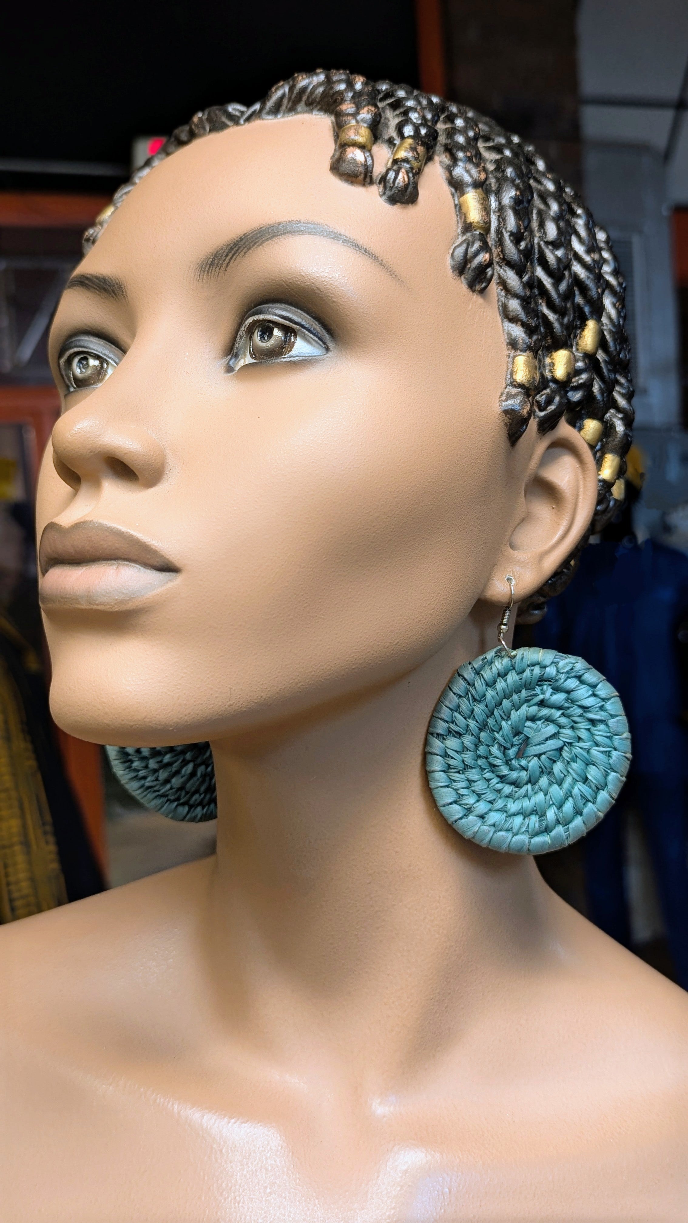 Stylish Teal Circular Raffia African Earrings DPJAERT4 – Handmade Boho Chic Jewelry for Women, Perfect for Summer Outfits & Beach Vacations