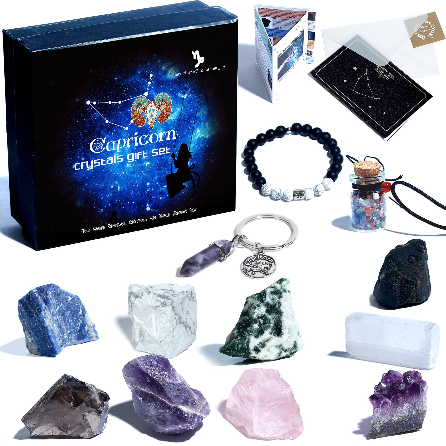 Capricorn Zodiac Gifts for Women - Healing Crystal Set with Horoscope Bracelet, Keychain & Necklace - Astrology Birthday Gifts for Women, Girls & Teens - Perfect for Meditation, Spiritual Healing & Home Decor