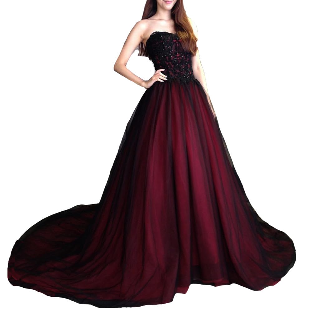 Elegant Gothic Beaded Black Lace Long Tulle Ball Gown Wedding Dress with Train - Sweetheart Neckline Prom Dress for Brides, Formal Events & Gothic Themed Parties