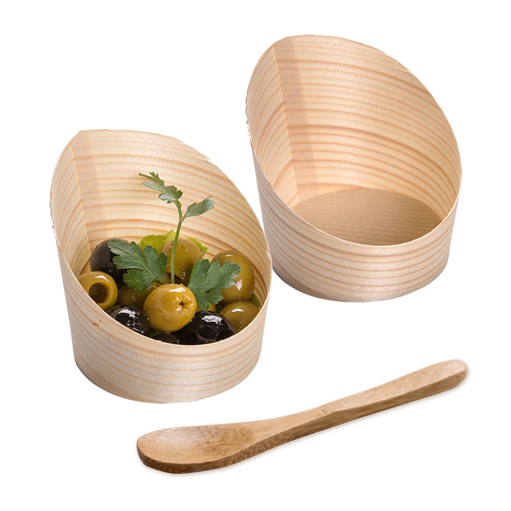 100 Pack 4 oz Round Natural Wood Mini Incline Cups with 100 Natural Bamboo 3.5
