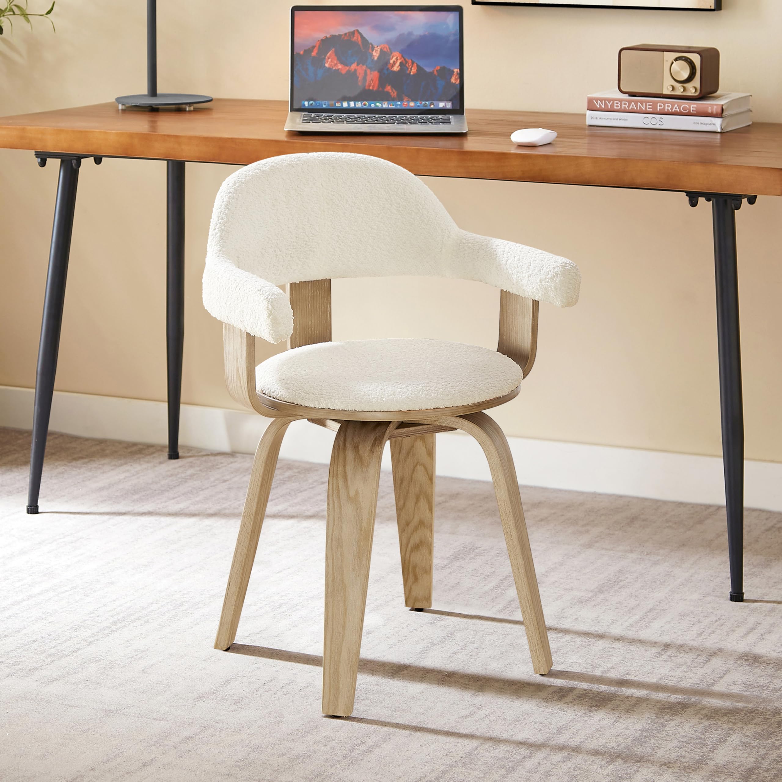 Art Leon Mid Century Modern Swivel Accent Chair - No Wheels Desk Chair with Boucle Fabric & Wood Legs for Home Office, Living Room or Bedroom - White | Perfect for Workspaces, Reading Nooks & Cozy Home Decor