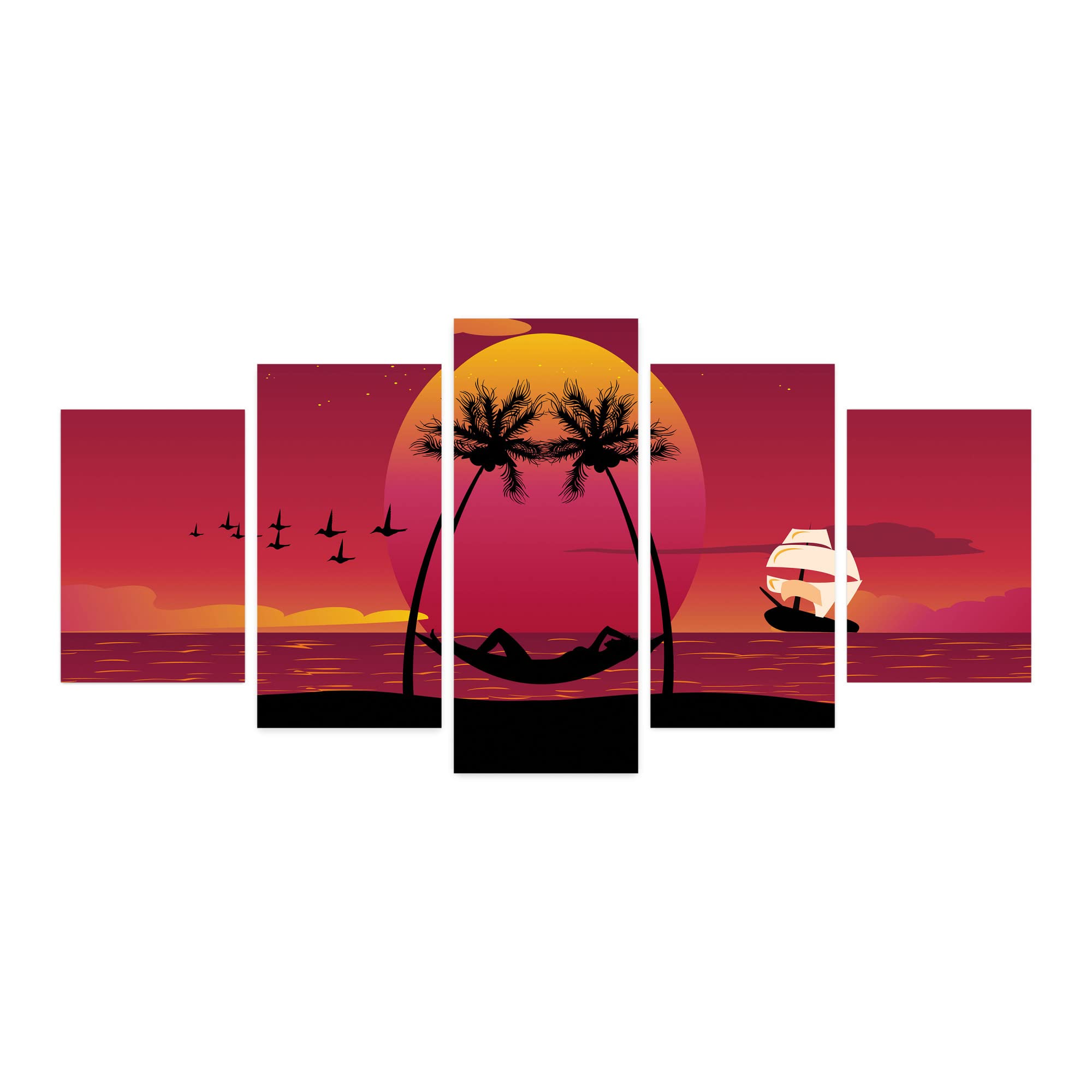 Ambesonne Island 5-Panel Acrylic Glass Wall Art - Girl Relaxing in Hammock on Caribbean Coast Sunset Scene, Tropical Vacation Decor for Living Room, Bedroom & Dorm (60