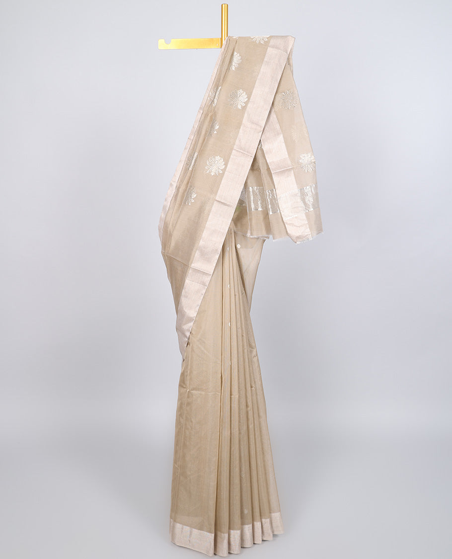 Elegant Beige Chanderi Cotton Saree with All Over Butta Designs, Self Border & Floral Pallu - Perfect for Weddings, Festivals & Traditional Occasions