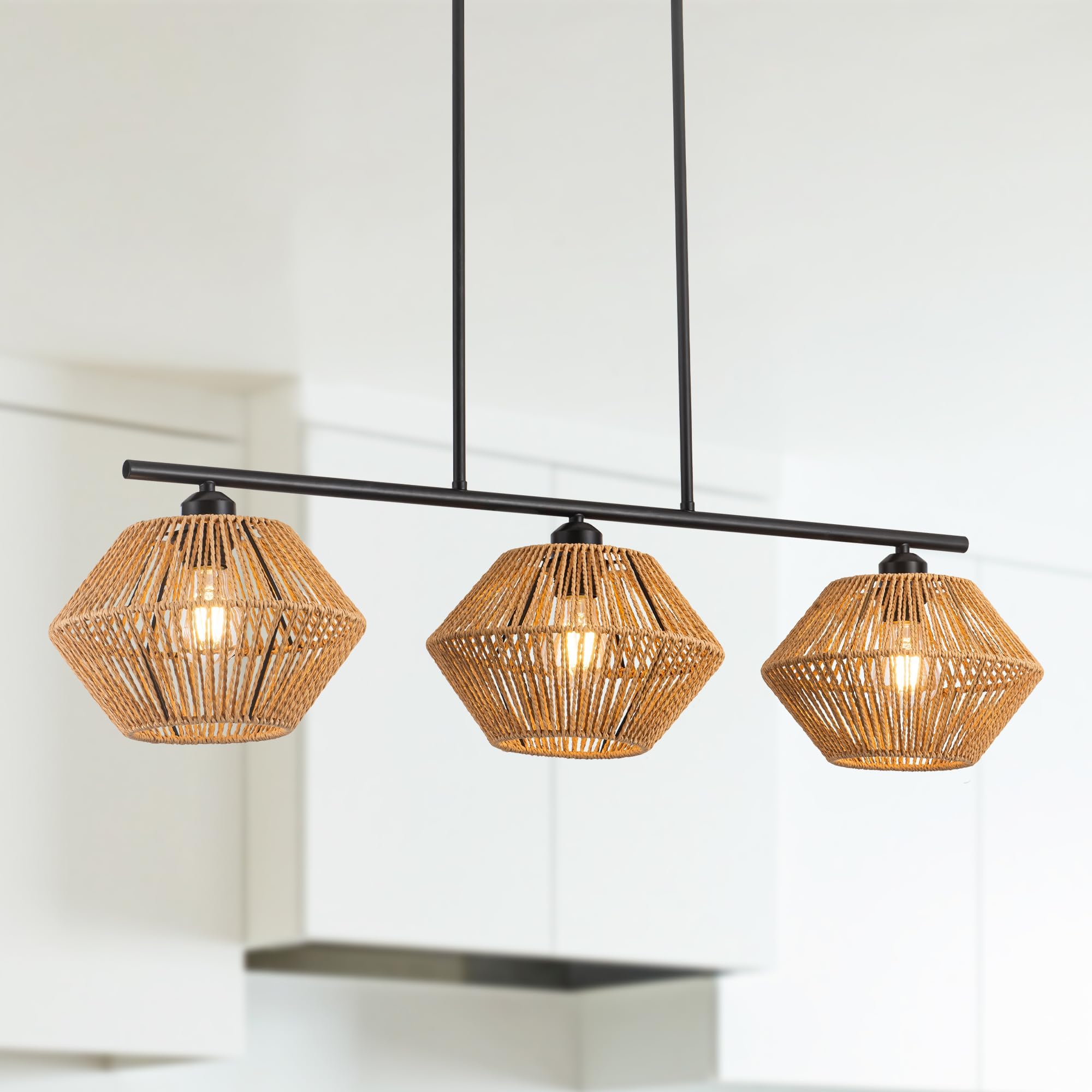 Handcrafted 3-Light Rattan Chandelier - Boho Farmhouse Pendant Light with Woven Cage Lampshade for Dining Room, Kitchen Island & Living Room | Perfect for Rustic, Coastal & Bohemian Home Decor