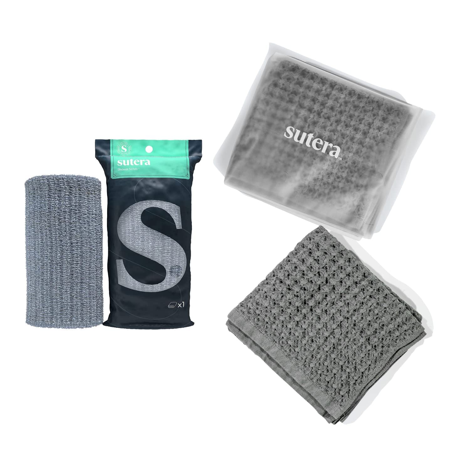 SUTERA Exfoliating Shower Towel & Waffle Bath Towel Set - Gray Spa & Bath Accessories for Exfoliation & Luxury Bathing Experience