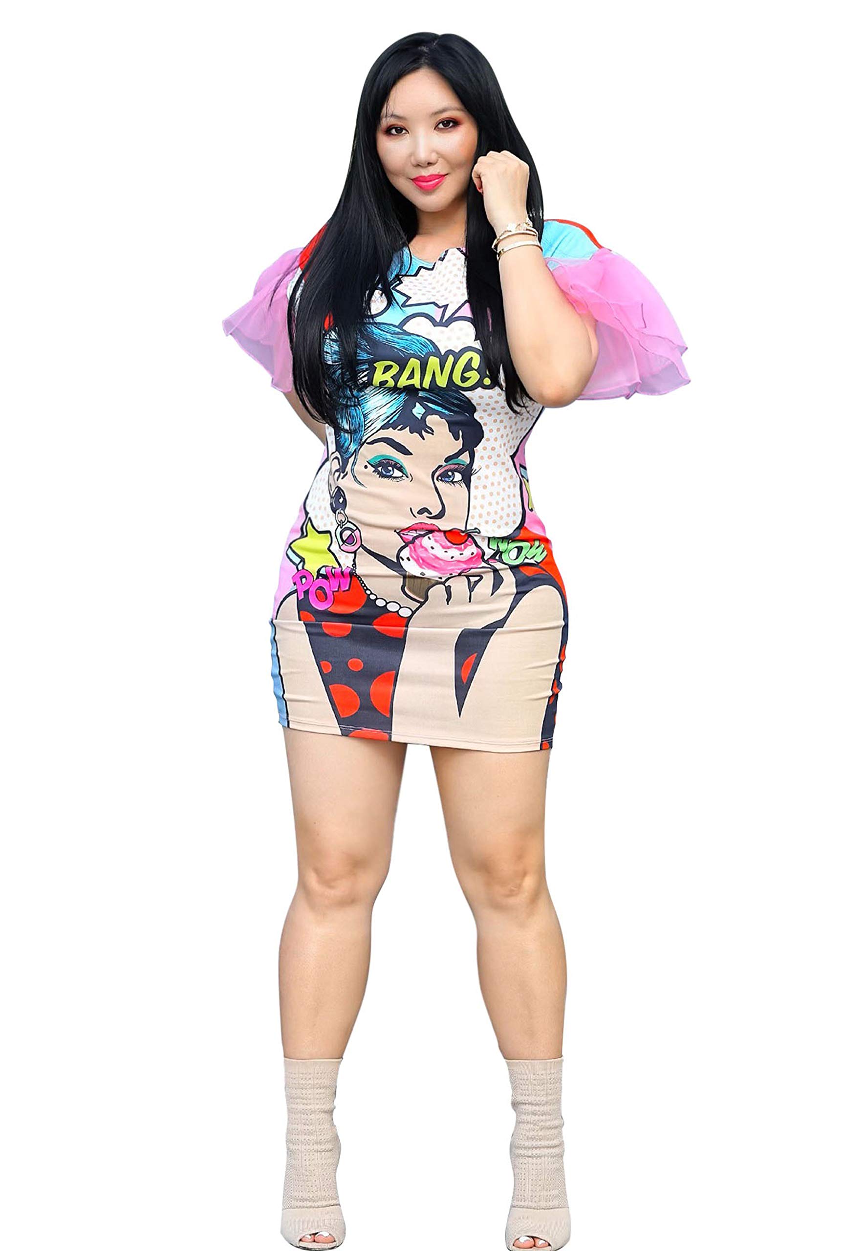 Miss California Pop Art Mini Dress with Organza Ruffled Sleeves | Floral Print Party Dress | Perfect for Cocktail Parties, Date Nights & Summer Events