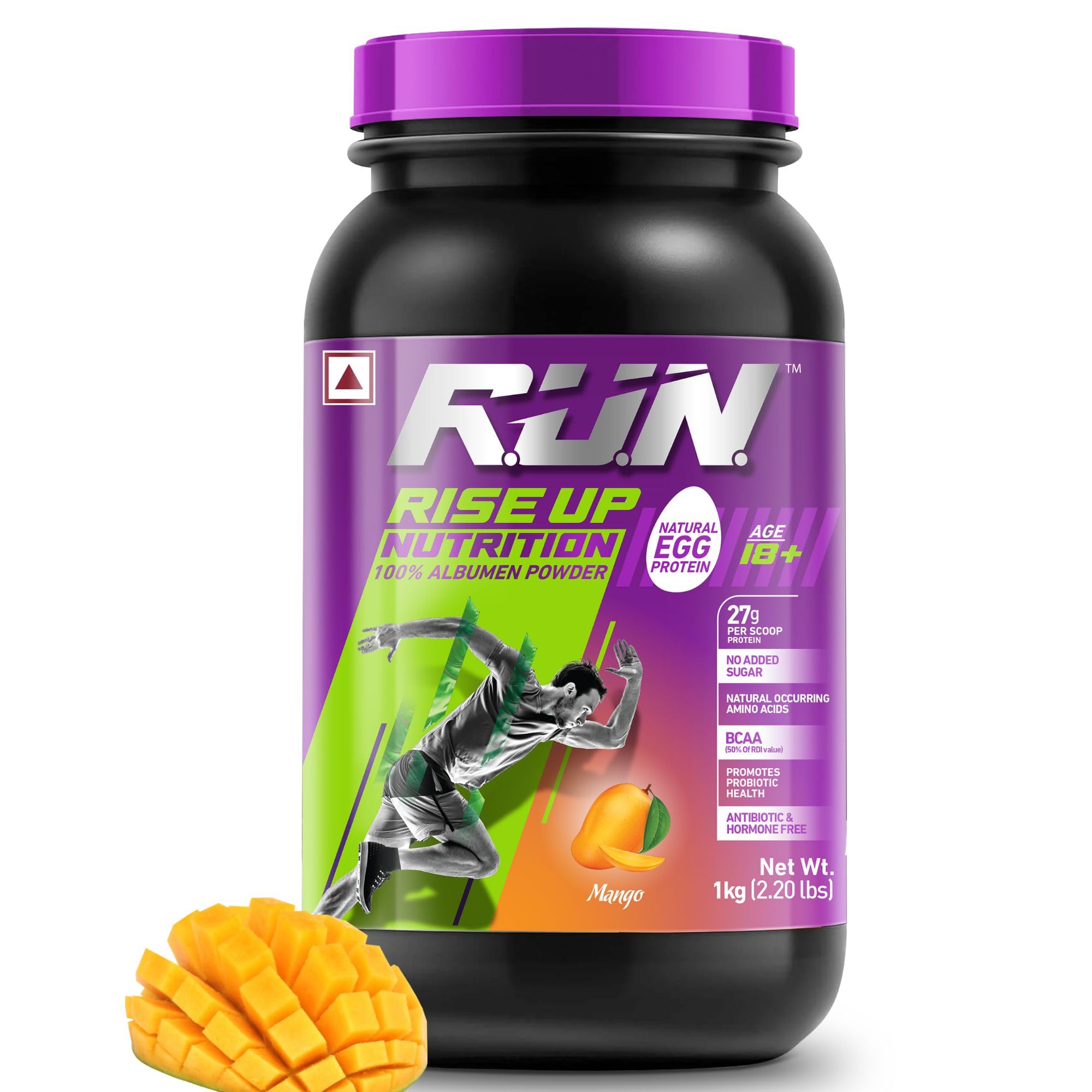 R.U.N-RISE UP NUTRITION Egg White Protein Powder for Athletes & Fitness - 27g Protein, 14g EAA, Lactose/Soy/Gluten Free - Supports Immunity & Muscle Recovery - Mango Flavor 1kg - Perfect for Post-Workout Shakes, Smoothies & Baking