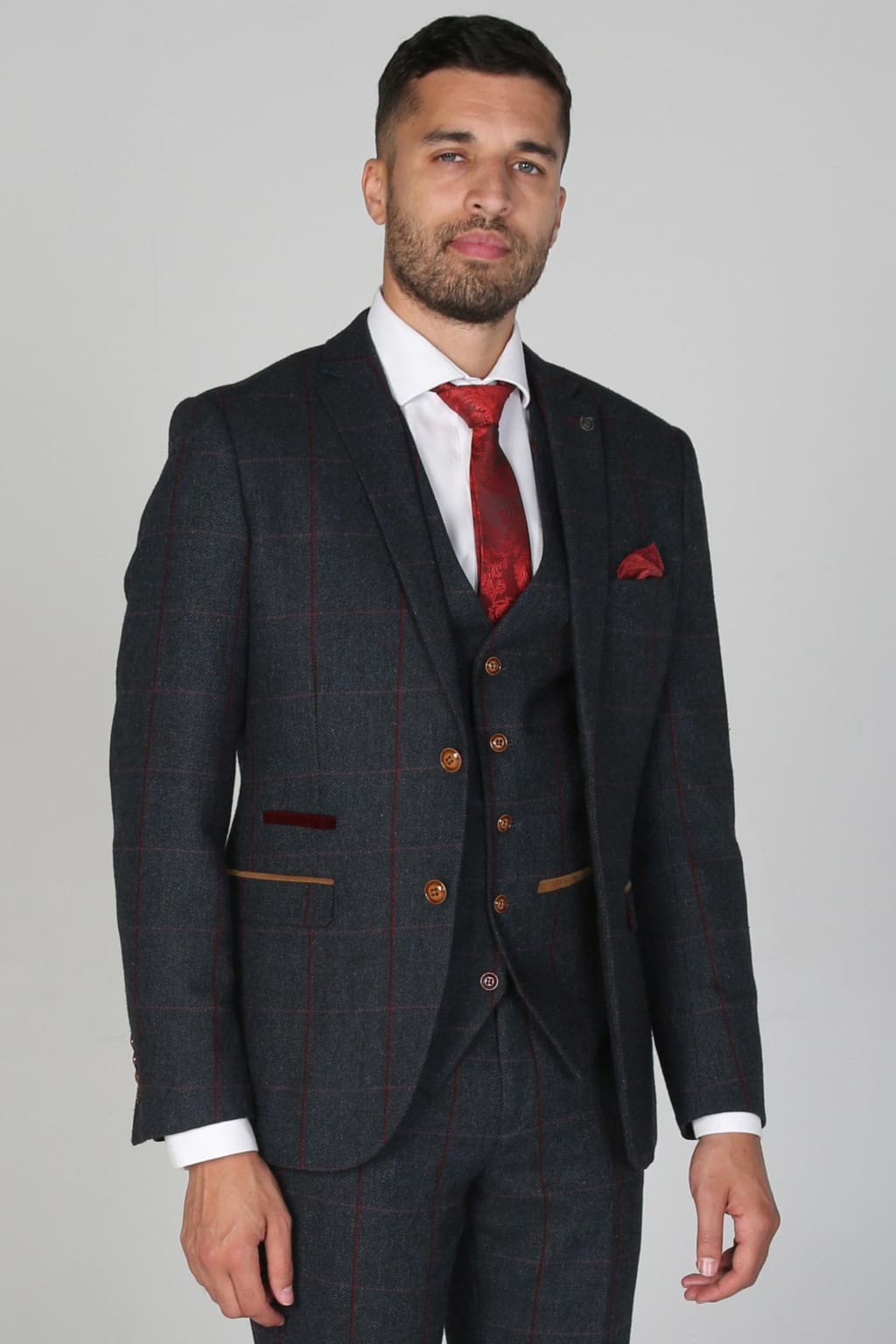 Madrid Navy Tweed Check Three Piece Suit for Men | Classic Business Formal Attire | Perfect for Weddings, Office Meetings & Special Occasions