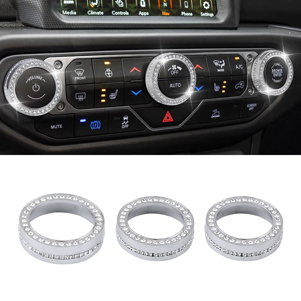PIFOOG Bling AC Knob Covers for Jeep Wrangler JL JLU & Gladiator JT 2018-2022 - Crystal Zinc Alloy Air Conditioner Switch Decals (3PCS) - Car Interior Accessories for Stylish Customization & Off-Road Adventures