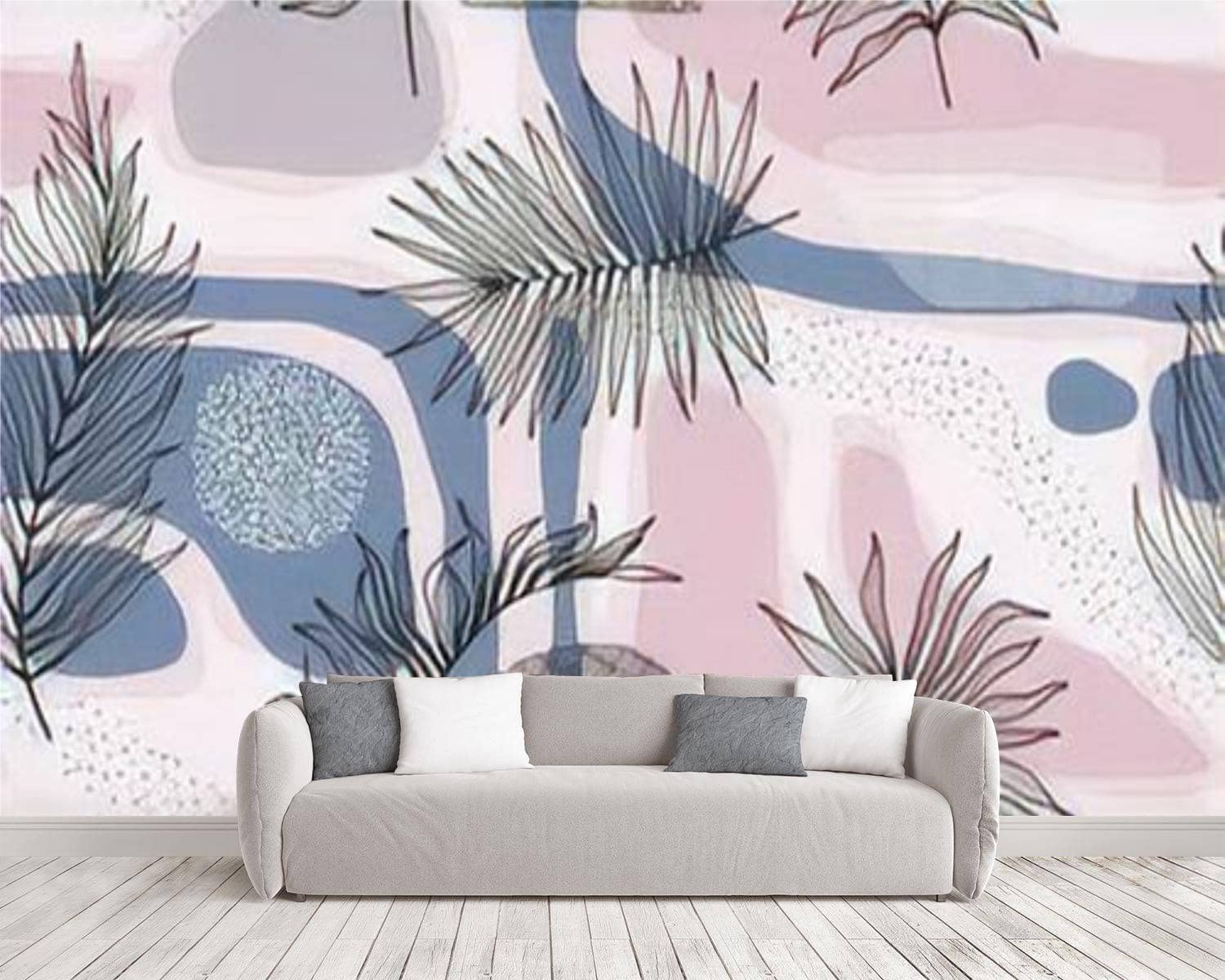 Peel and Stick Wallpaper - Tropical Leaves Botanical Design | Hand Drawn Seamless Pink & Green Wall Mural | 105
