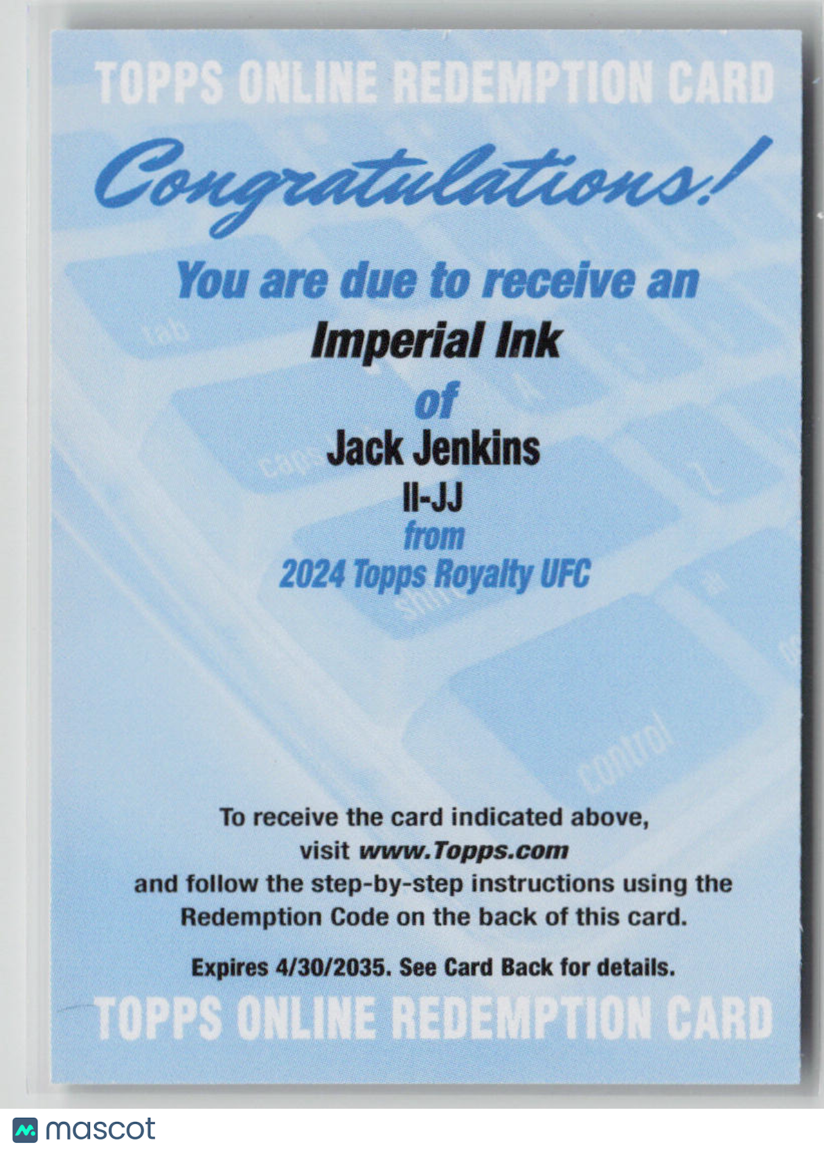 2024 Topps Royalty UFC Jack Jenkins Imperial Ink #II JJ REDEMPTION - Rare Collectible Trading Card for UFC Fans & Sports Memorabilia Collectors - Perfect for Display, Trading, and Investment