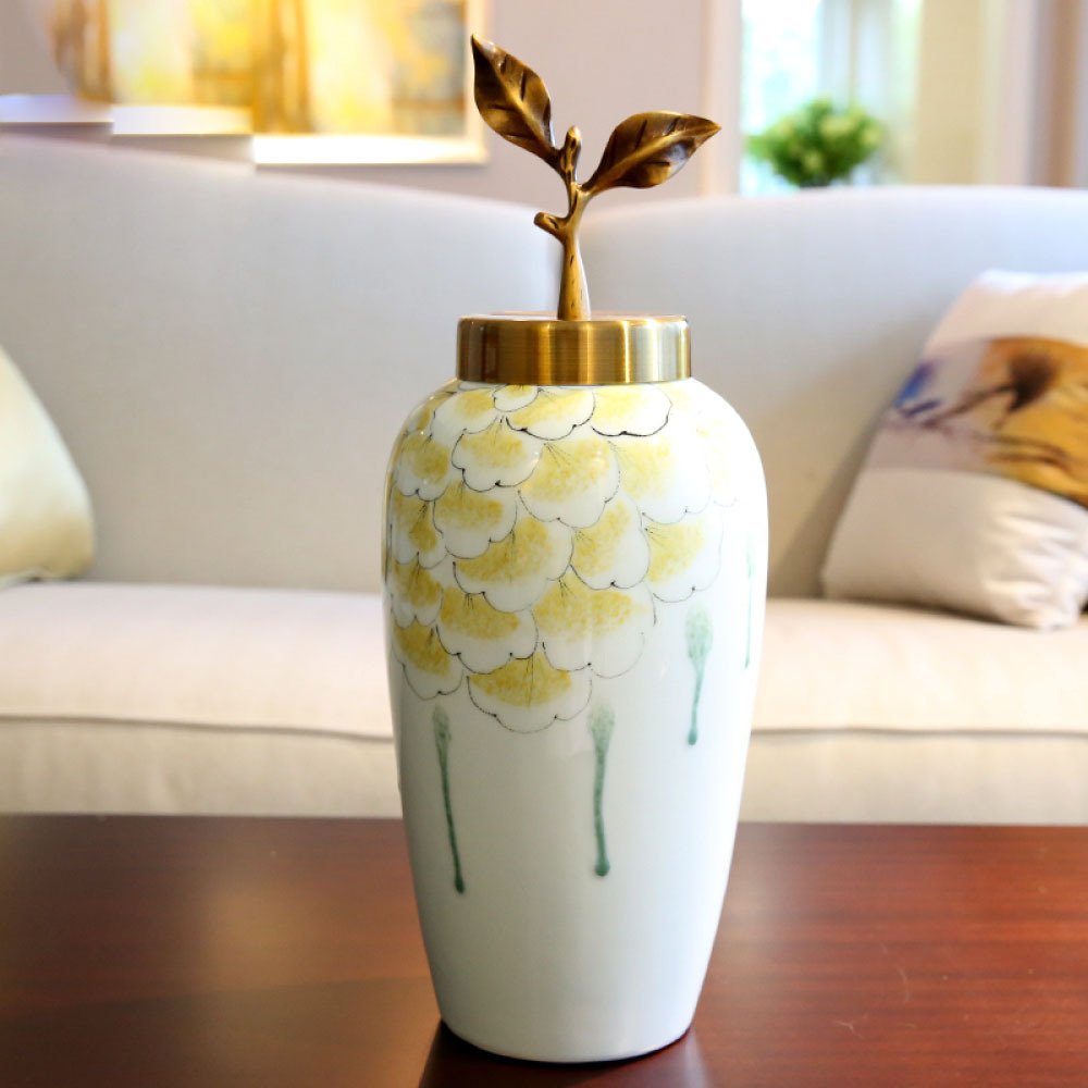 European Style Ceramic Vase for Home Decor - Handcrafted Light Green/Yellow Printed Tabletop Vase - Perfect for Living Room, Bedroom, Office Desk & Wedding Centerpiece Decorations